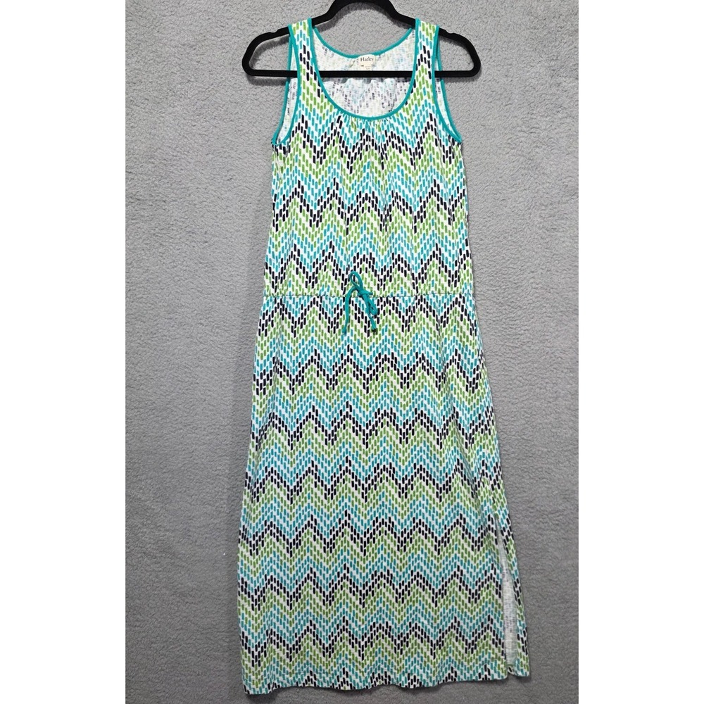 Hatley Sleeveless Maxi‎ Dress Size Medium Green Blue Teal Cotton Drawstring